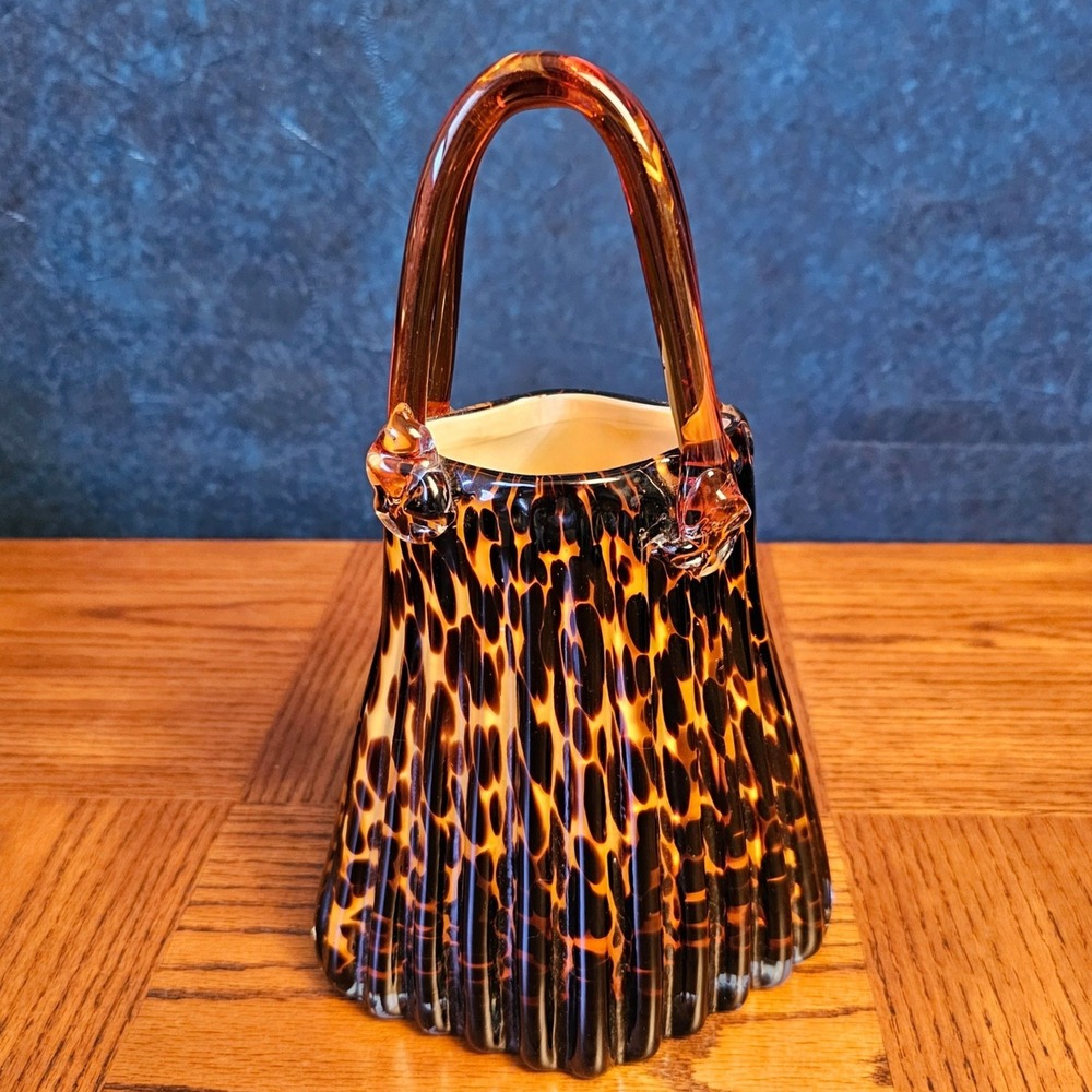 Vintage Art Glass Tortoiseshell Purse Vase Amber Brown Leopard Print Hand Blown
